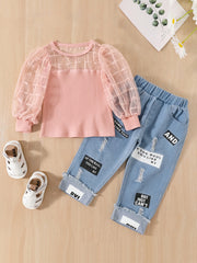 Girls Mesh Plaid T Shirt Top & Letter Graphic Jeans Set Kids Spring Clothes