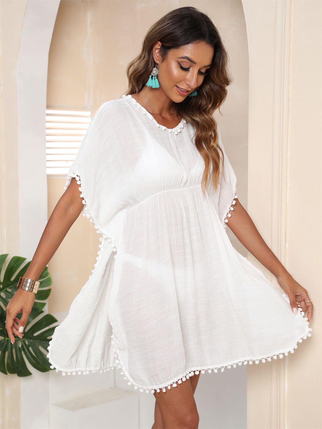 Pom Pom Decor Cover Up Shirt Round Neck Short Sleeve Casual Dress