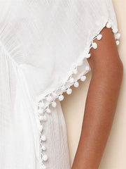 Pom Pom Decor Cover Up Shirt Round Neck Short Sleeve Casual Dress
