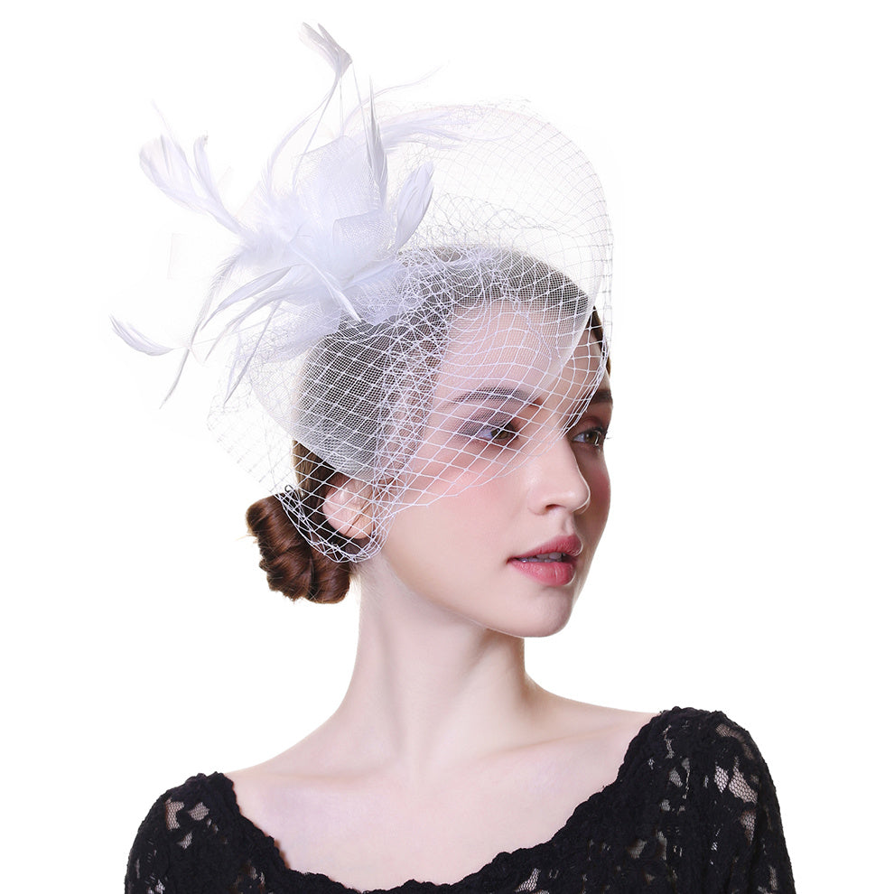Solid Feather Mesh Fascinator Hair Clip Wedding Headwear