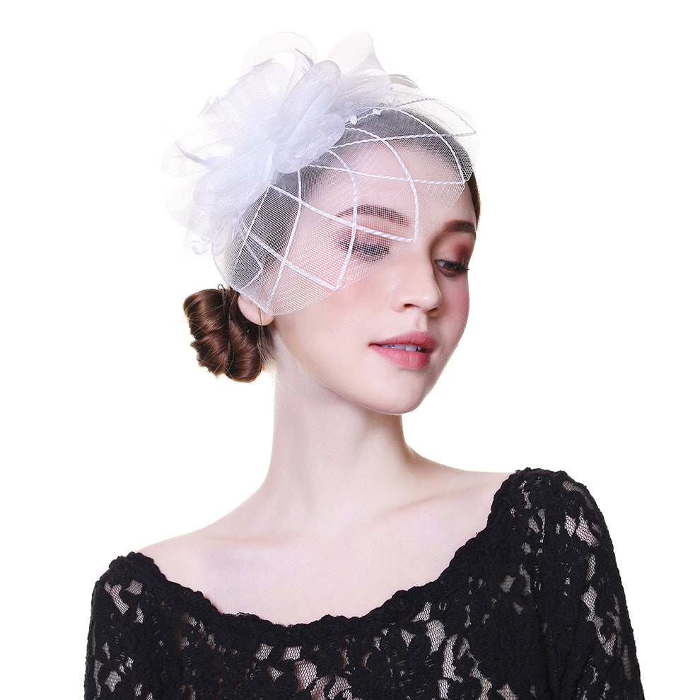 Women Wedding Hat With Face Veil Bridal Headwear Feathers Linen Hat For Brides