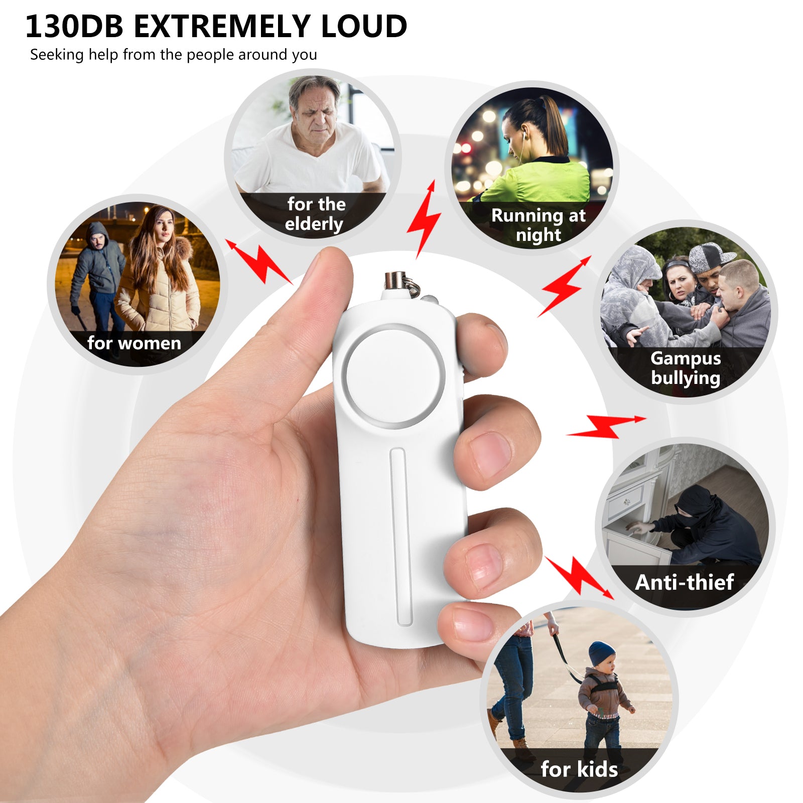 130dB Safesound Personal Alarm Keychain With LED Lights