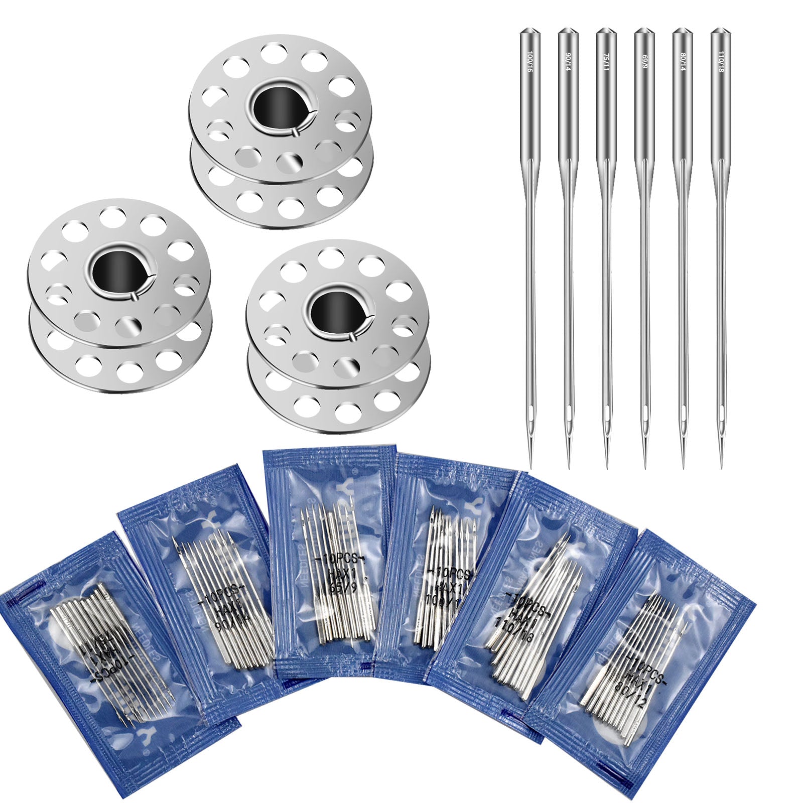 60pcs Sewing Machine Needles & Bobbins for Singer Brother