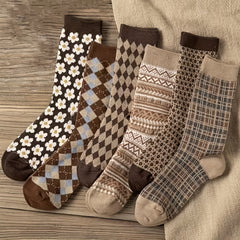 6 Pairs Women's Cotton Mid-calf Socks for Autumn and Winter