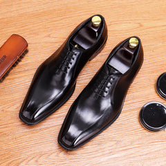 Men's Leather Square Toe Oxford Anti-skid Rubber Insole Lace-Up Dress Shoes