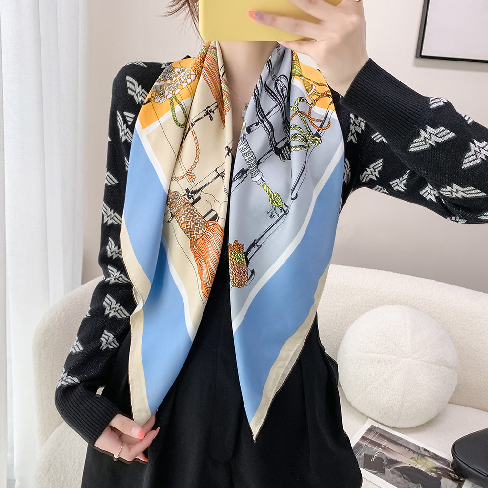 Twill Silk Square Scarf for Women Print Non-slip Turban Shawl