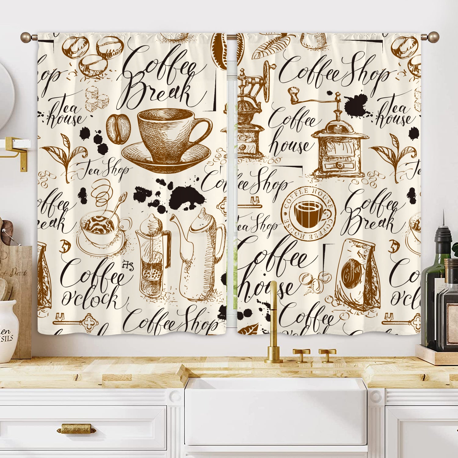 2pcs Coffee Element Semi Blackout Kitchen Curtains Coffee House Short Curtains