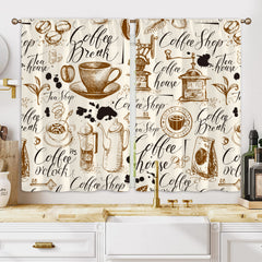 2pcs Coffee Element Semi Blackout Kitchen Curtains Coffee House Short Curtains
