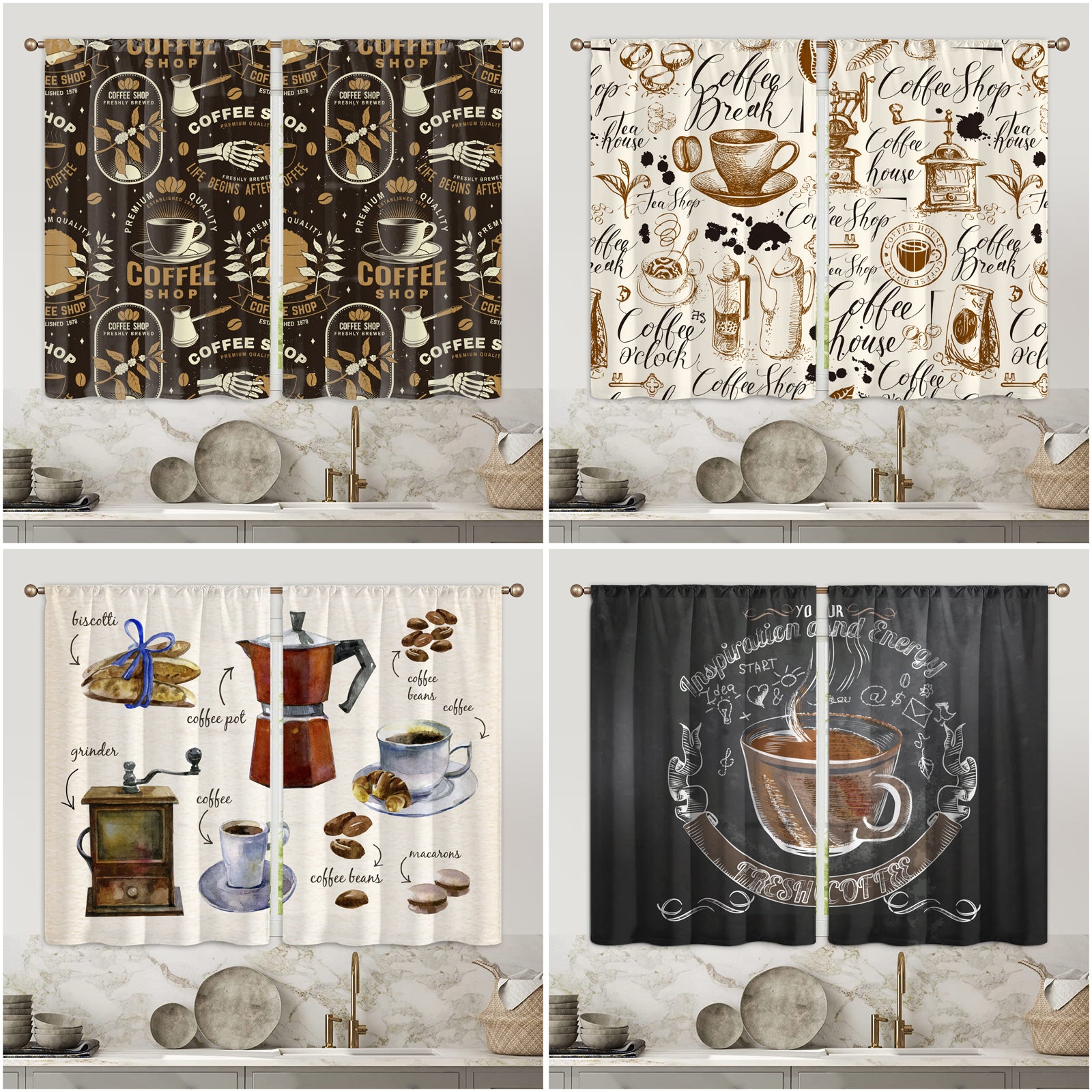 2pcs Coffee Element Semi Blackout Kitchen Curtains Coffee House Short Curtains