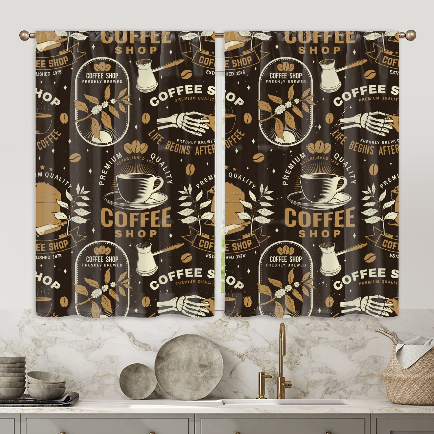 2pcs Coffee Element Semi Blackout Kitchen Curtains Coffee House Short Curtains