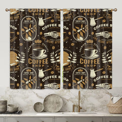 2pcs Coffee Element Semi Blackout Kitchen Curtains Coffee House Short Curtains