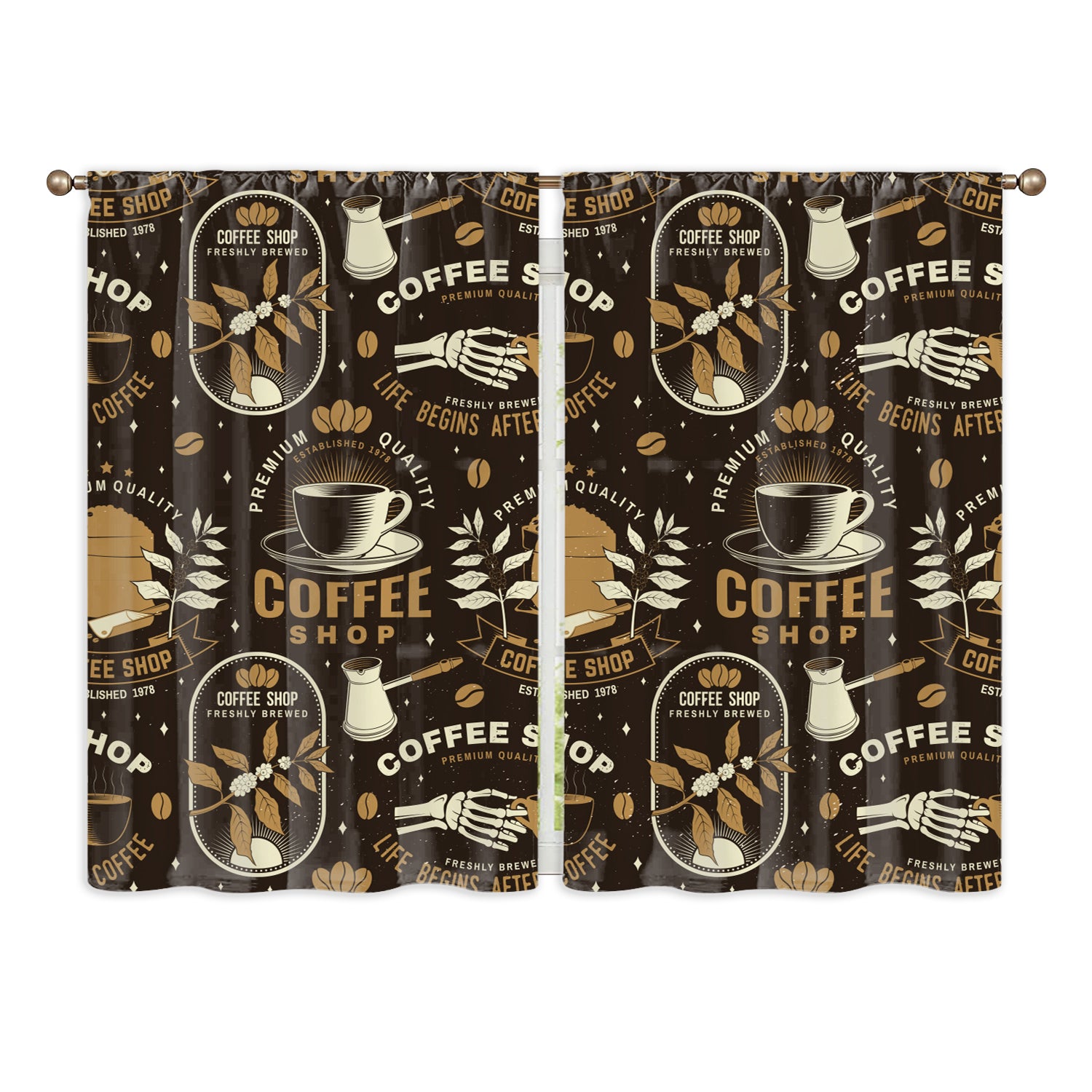 2pcs Coffee Element Semi Blackout Kitchen Curtains Coffee House Short Curtains