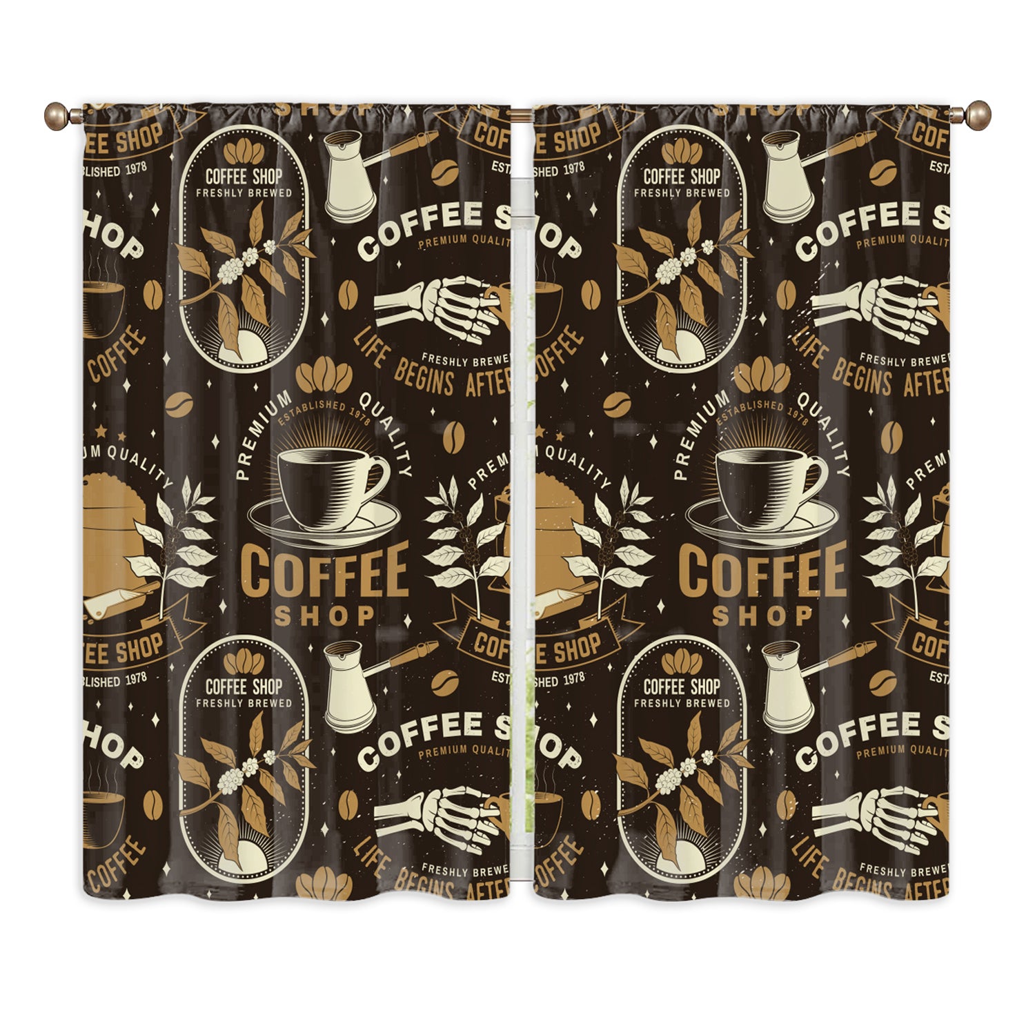 2pcs Coffee Element Semi Blackout Kitchen Curtains Coffee House Short Curtains