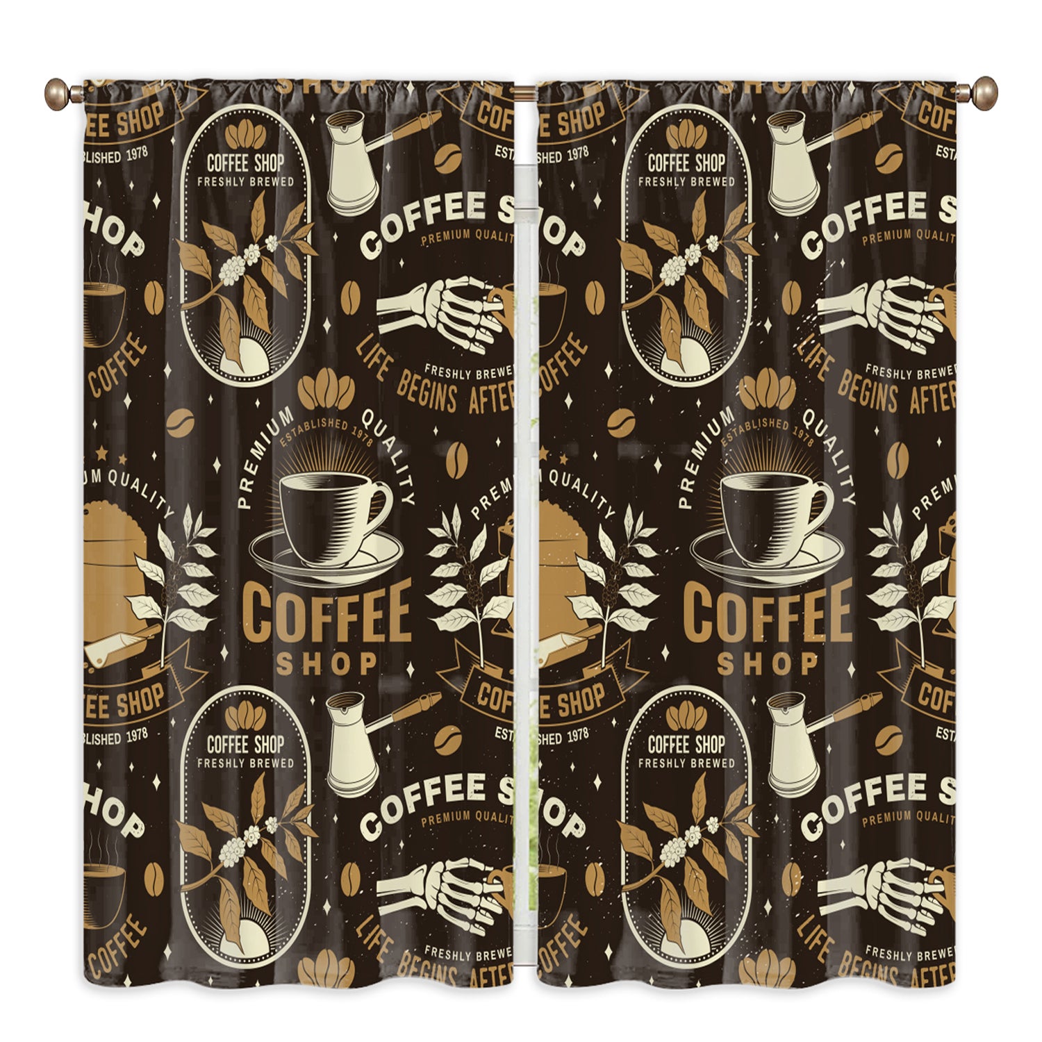 2pcs Coffee Element Semi Blackout Kitchen Curtains Coffee House Short Curtains