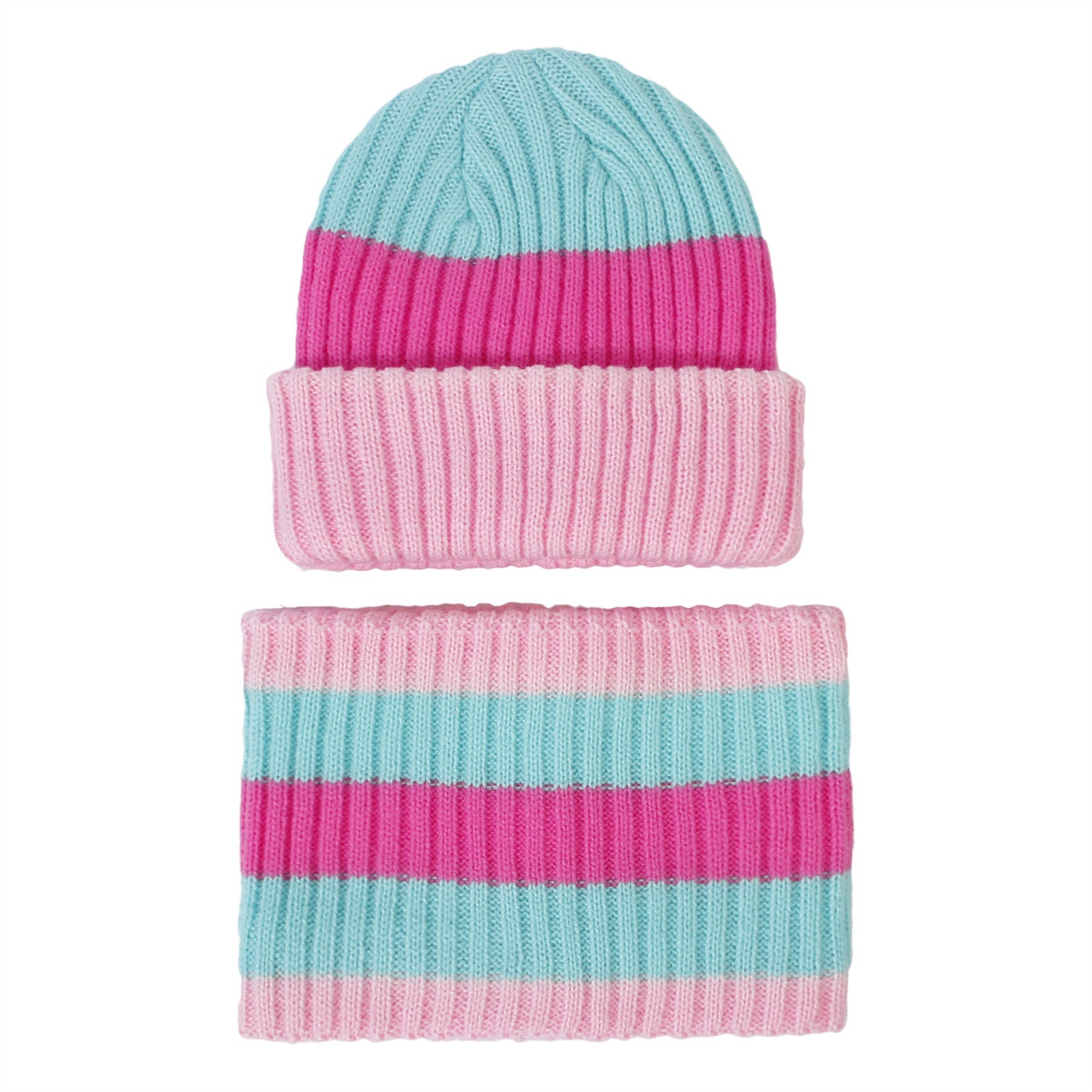 2Pcs Baby Block Knit Scarf Hat Set Winter Warm Beanie Cap & Ring Neck Scarf
