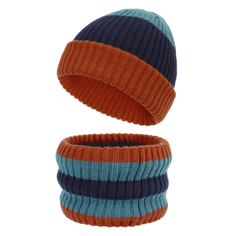 2Pcs Baby Block Knit Scarf Hat Set Winter Warm Beanie Cap & Ring Neck Scarf