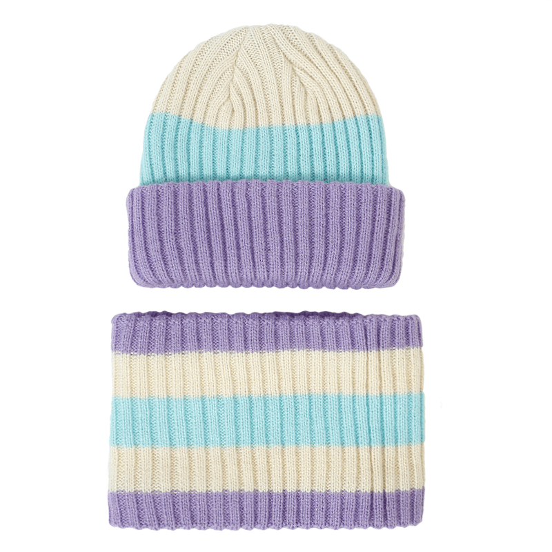 2Pcs Baby Block Knit Scarf Hat Set Winter Warm Beanie Cap & Ring Neck Scarf