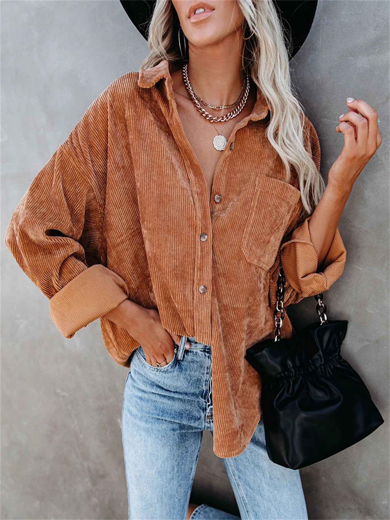 Corduroy V neck Loose Lapel Blouse Casual Button Down Long Sleeve Shirt