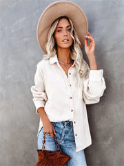 Corduroy V neck Loose Lapel Blouse Casual Button Down Long Sleeve Shirt
