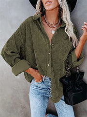 Corduroy V neck Loose Lapel Blouse Casual Button Down Long Sleeve Shirt