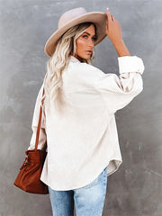 Corduroy V neck Loose Lapel Blouse Casual Button Down Long Sleeve Shirt