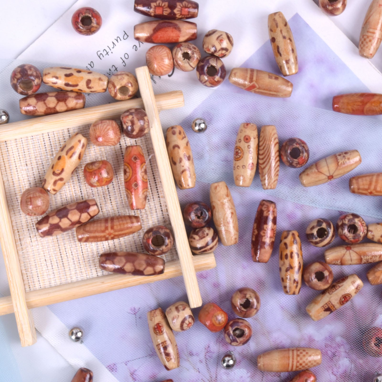 100PCS Mixed Pattern Macrame Wooden Beads Crafts Barrel Spacer C
