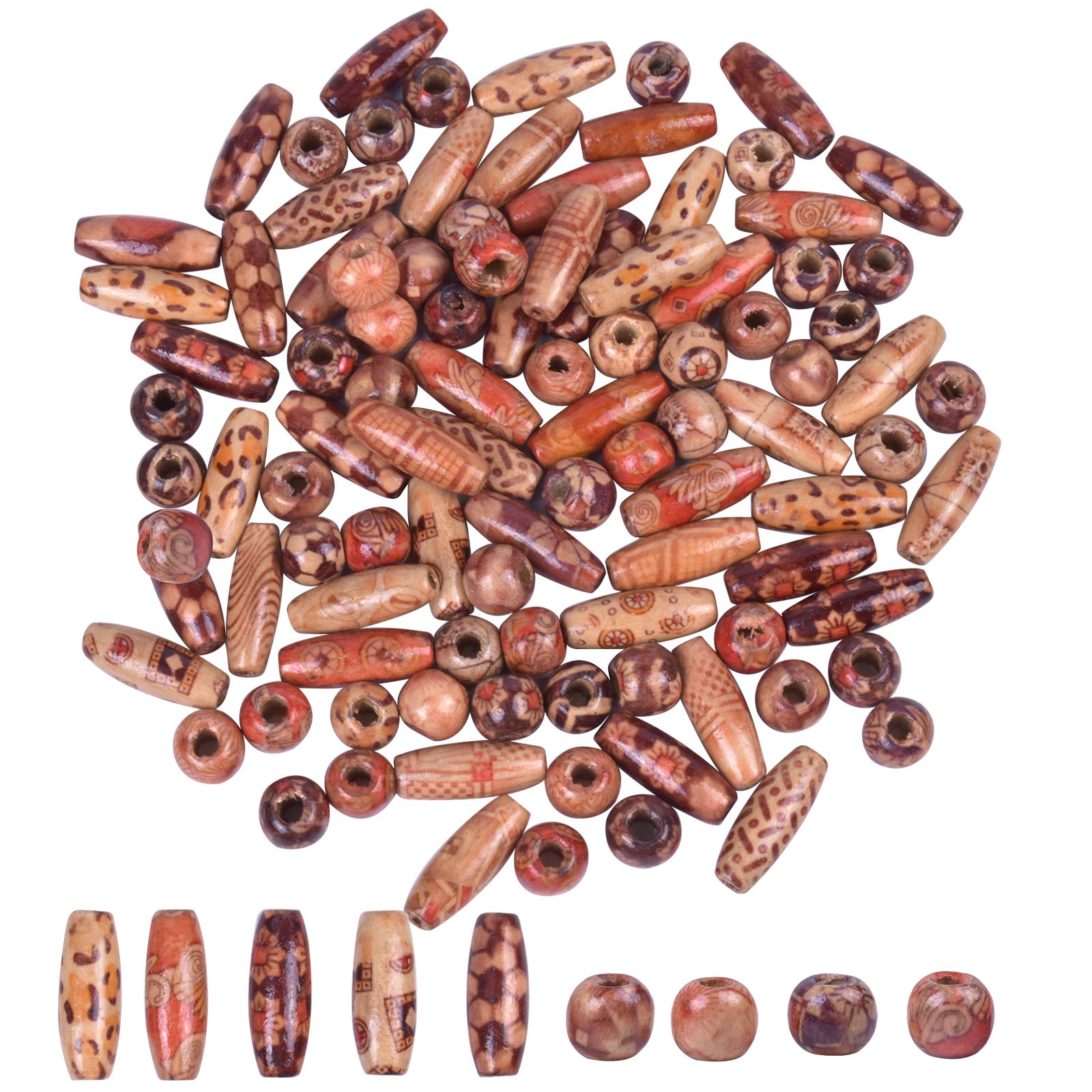 100PCS Mixed Pattern Macrame Wooden Beads Crafts Barrel Spacer C