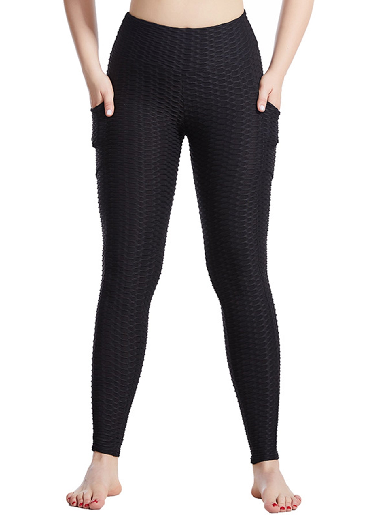 Honeycomb Yoga Pants High Waist Side Pockets Seersucker Sports Leggings