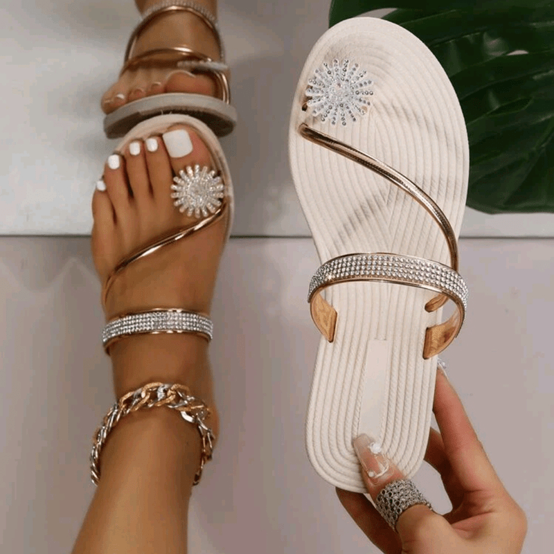 Women's Rhinestone Toe Loop Sandals Slip-on Flat Slippers