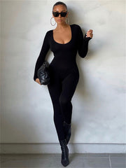 Solid Crew Neck Long Sleeve Bodycon Jumpsuit Women's Clothing