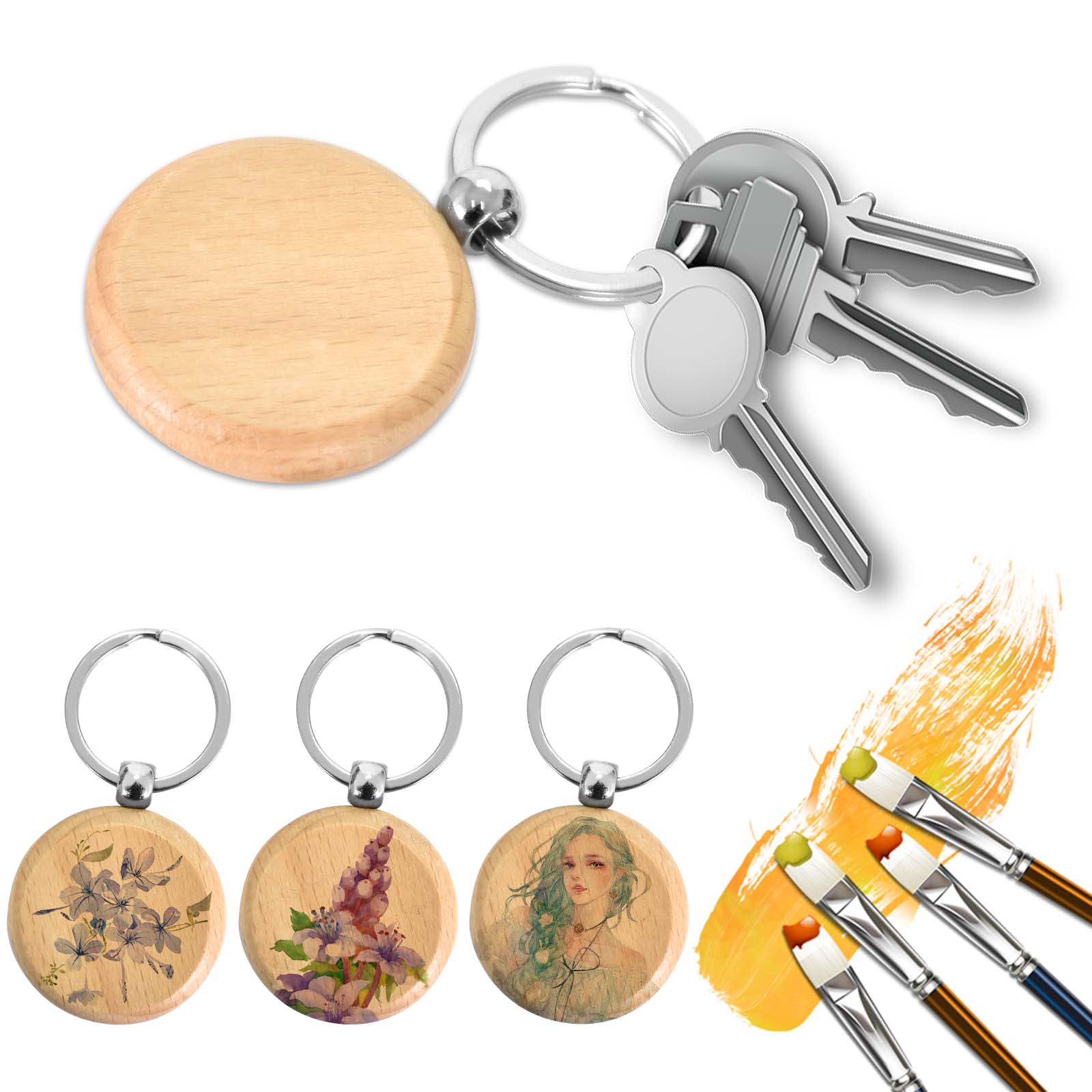 12pcs Wooden Key Ring Blank DIY Bag Purse Pendant Decoration