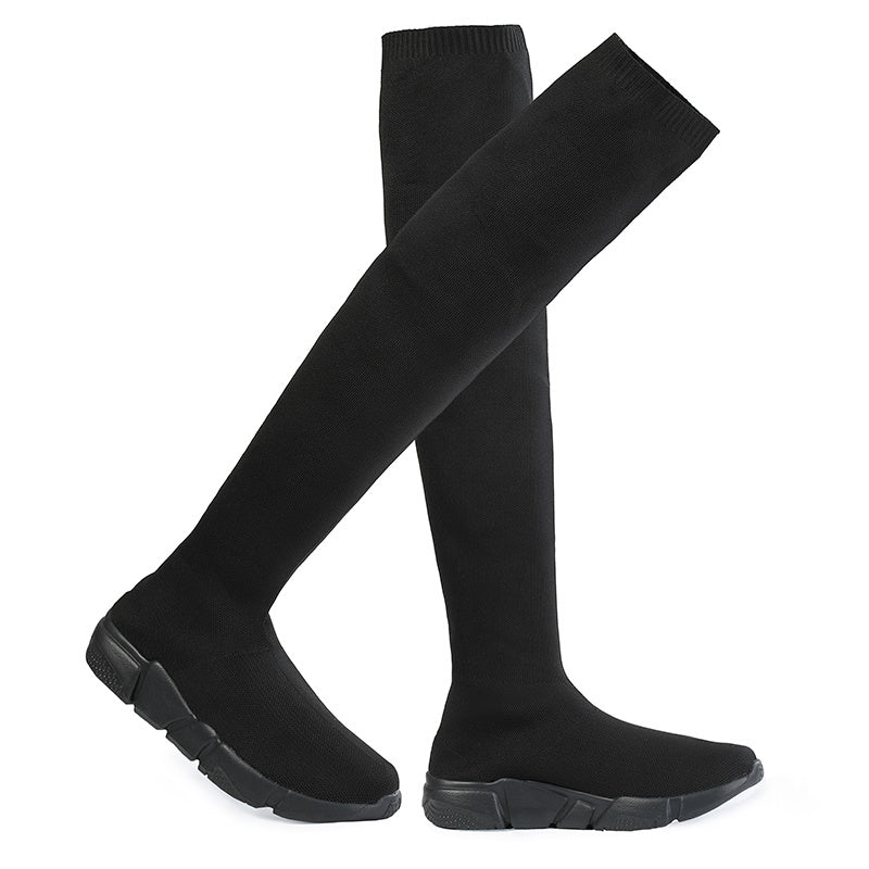 Women's Knitted Over The Knee Boots Solid Wedge Slip On Shoes