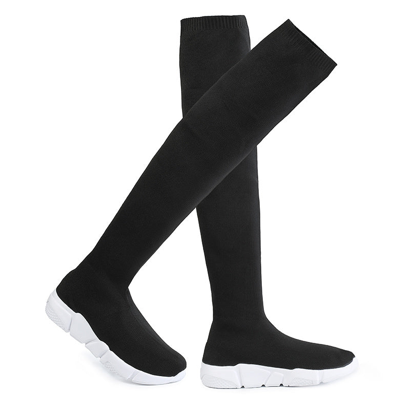 Women's Knitted Over The Knee Boots Solid Wedge Slip On Shoes