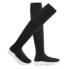Women's Knitted Over The Knee Boots Solid Wedge Slip On Shoes