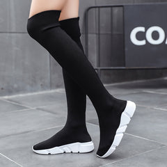 Women's Knitted Over The Knee Boots Solid Wedge Slip On Shoes