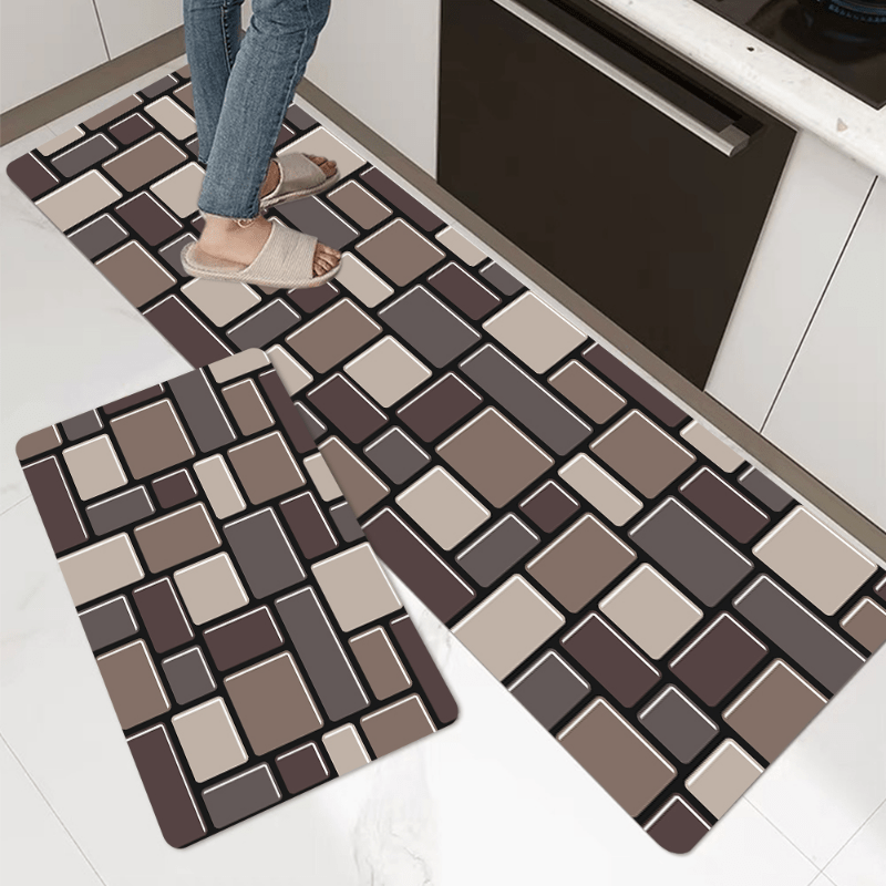 Non Slip Brown Brick Print Kitchen Rug Stain Resistant Indoor Doormat