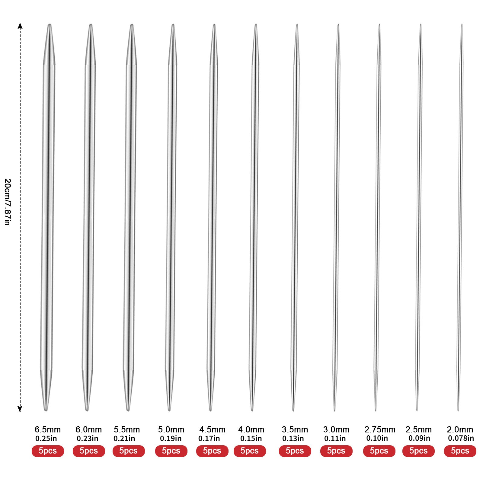 55pcs Stainless Steel Knitting Needles Set 11 Sizes Double Pointed Needles
