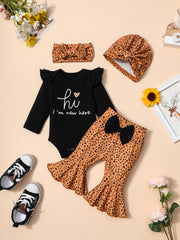 4pcs Newborn Ruffles Romper Bodysuit Pants Headband Hat Set