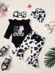 4pcs Newborn Ruffles Romper Bodysuit Pants Headband Hat Set