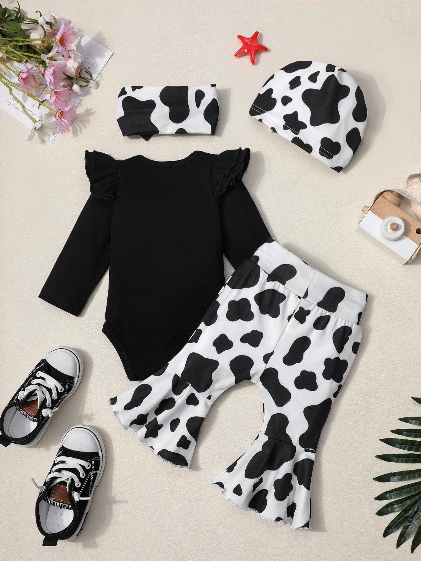 4pcs Newborn Ruffles Romper Bodysuit Pants Headband Hat Set
