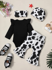 4pcs Newborn Ruffles Romper Bodysuit Pants Headband Hat Set