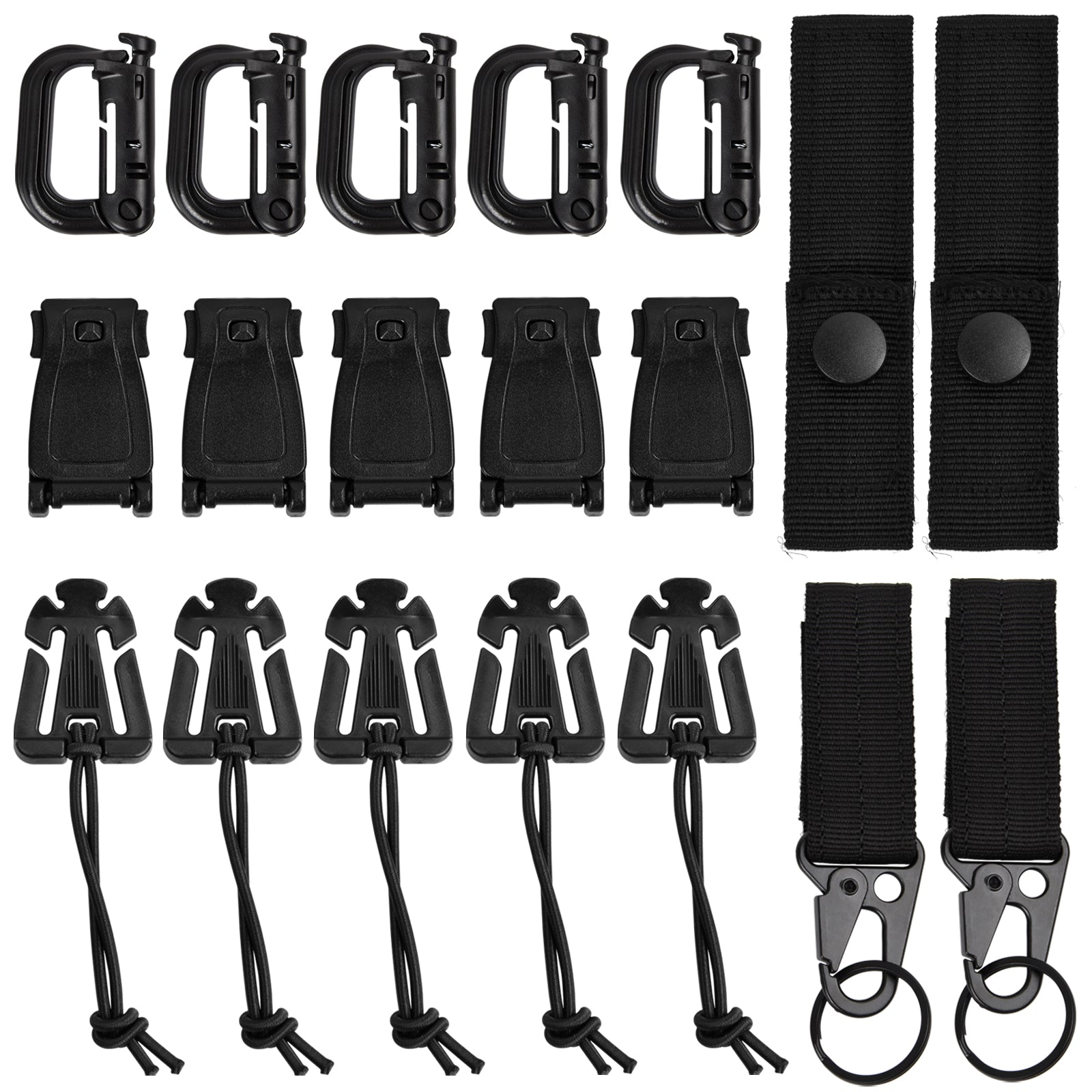 19pcs Molle Strap Attachments Set D Ring Carabiner Hooks Nylon Buckle