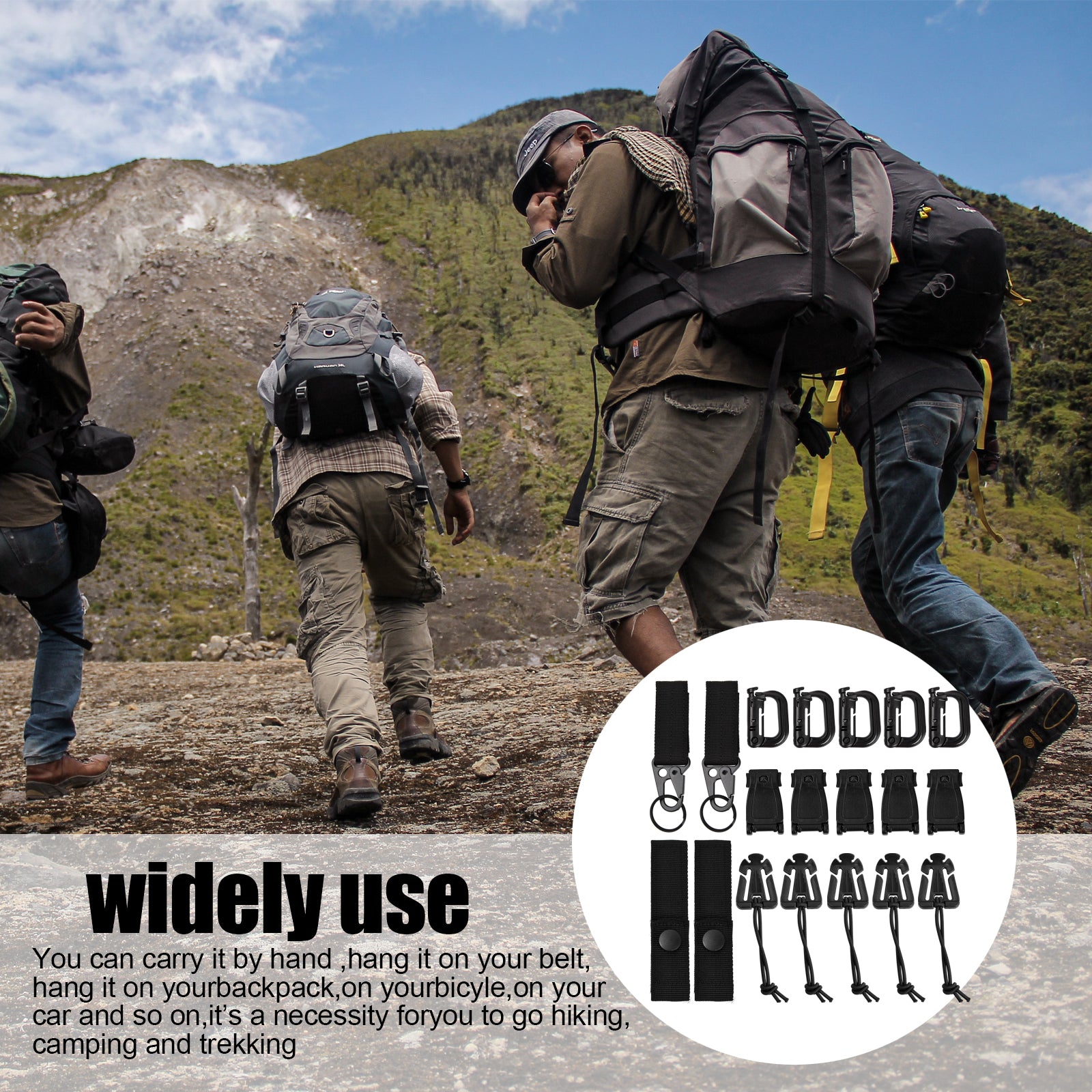 19pcs Molle Strap Attachments Set D Ring Carabiner Hooks Nylon Buckle