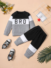 2pcs Boys BRO Print Block Pullover Sweatshirt & Jogger Pants Set