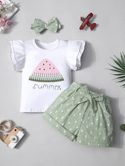 3pc Girls Watermelon Print T shirt & Polka Dot Shorts Set