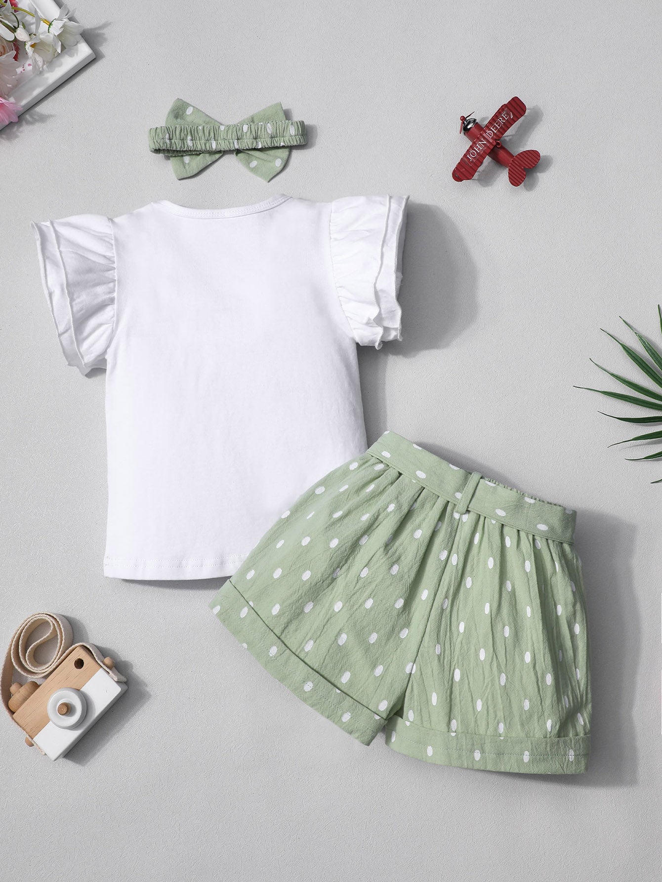 3pc Girls Watermelon Print T shirt & Polka Dot Shorts Set
