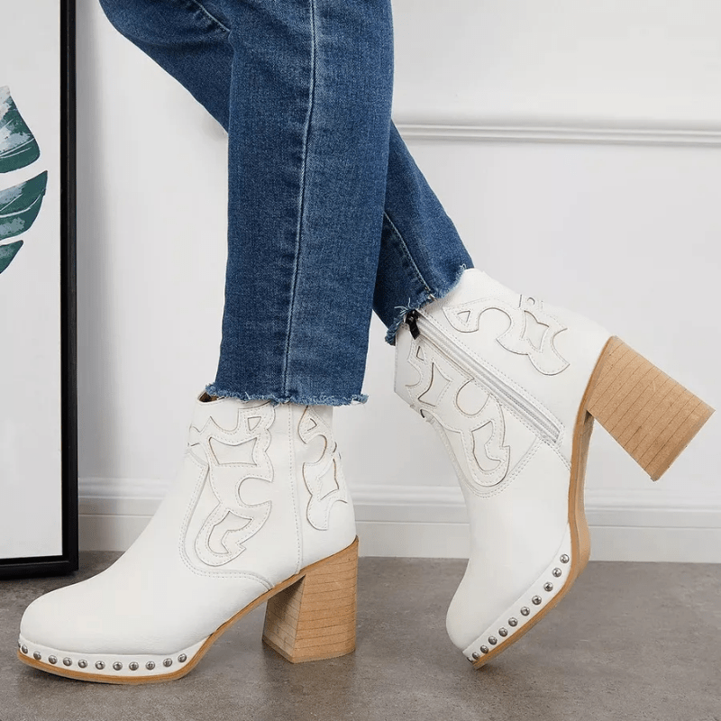Embroidered Chunky Heel Women's Short Boots Side Zipper
