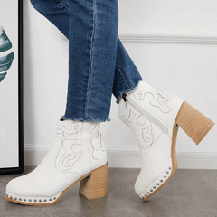 Embroidered Chunky Heel Women's Short Boots Side Zipper
