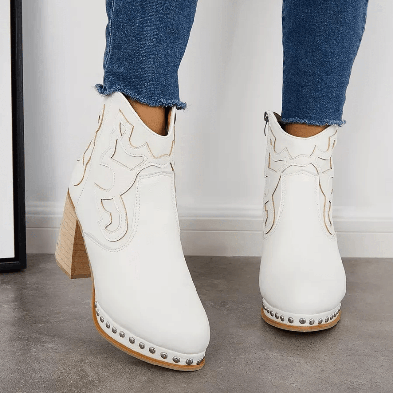 Embroidered Chunky Heel Women's Short Boots Side Zipper