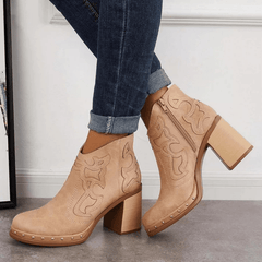 Embroidered Chunky Heel Women's Short Boots Side Zipper